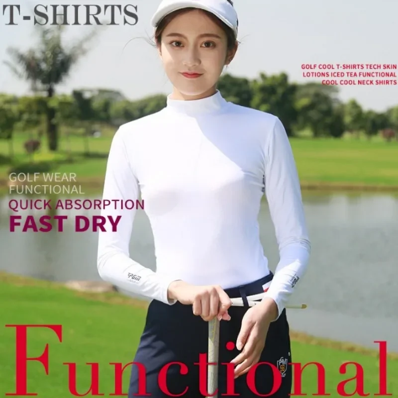 PGM Summer Golf Wear for Women Ice Silk Shirts Sun Protection Long Sleeve Bottoming with High Stretch Breathable Dry Fit Sport