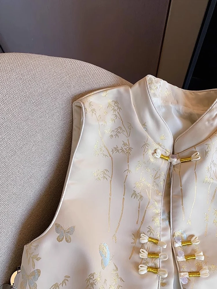 Nowa chińska kamizelka w stylu Tang z grubym haftem, stójką, luźnym krojem, dla mężczyzn i kobiet.