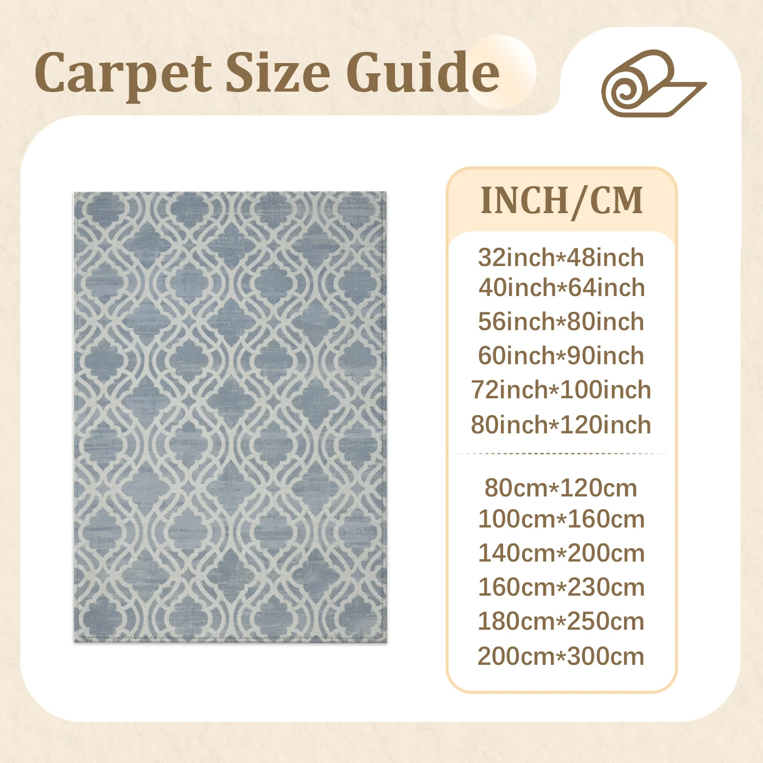 Large Indoor Area Rug, Soft Velvet Low Pile with Non-slip Dotted Backing, Machine Washable, Muted Light Blue White Trellis Pattern Rug for Living Room Bedroom