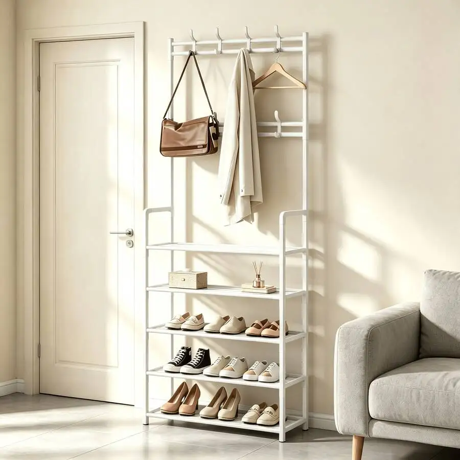 Black & White Metal Entryway Storage Rack, 23 Inches, 3-In-1 Shoe & Coat Rack, 4-Tier Shelf With 8 Hooks, Holds Bags, Hats & Umb