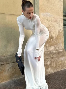 여성 의류 터틀넥 긴 맥시 드레스 streetwear 2025 봄 여성 긴 소매 bodycon 솔리드 ​​화이트 저녁 파티 드레스