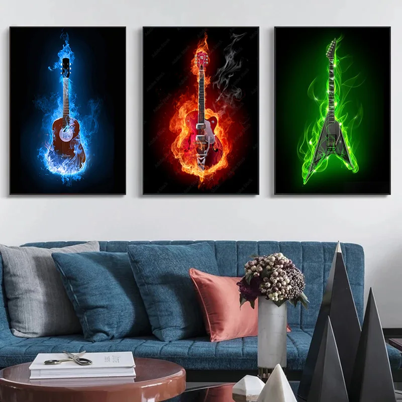 Neon Electric Guitar Poster Canvas Painting Modern Instrument HD Printed Wall Art Pictures Nordic Living Room Home Decor Gift