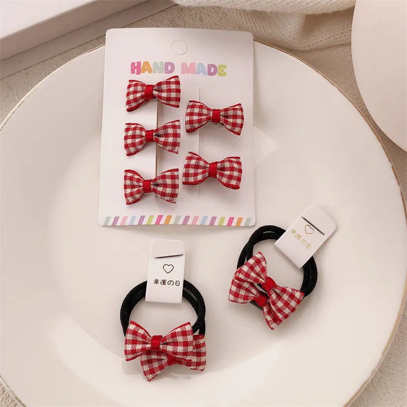 2/5/7pcs-girl's red checkered bow hairpin hairband set un-hurt hair elastic cute hair string hair rings accessories
