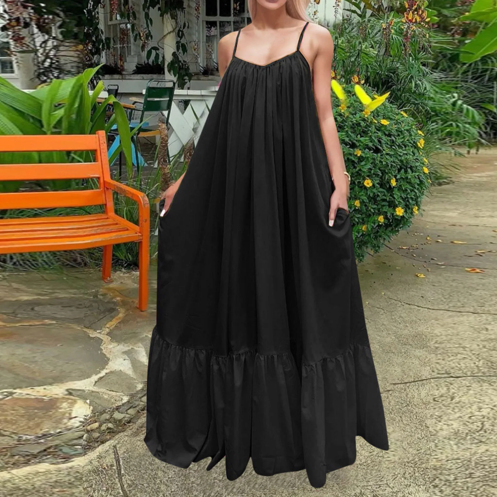 

Summer Female Solid Big Swing Strap Sling Dress Loose Backless Pocket Maxi Dress Casual Floor-length Maxi Dress Women's Clothing