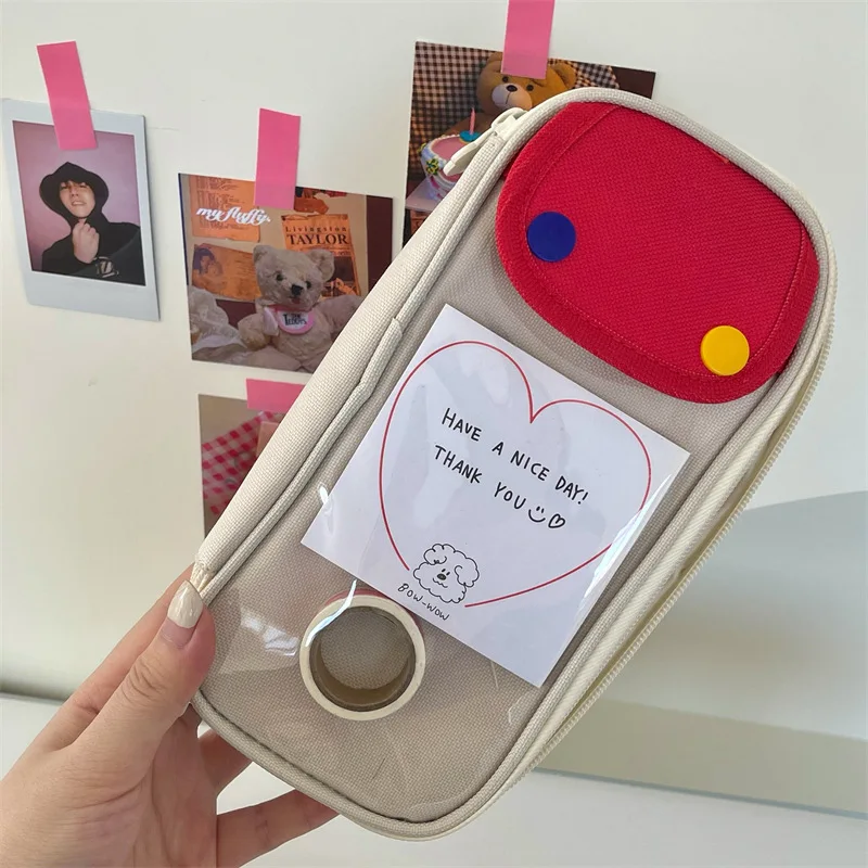 Large Capacity Pencil Bag Retro Contrast Color Student Pencil Case Multifunction Canvas Zipper Stationery Storage Bag 2024