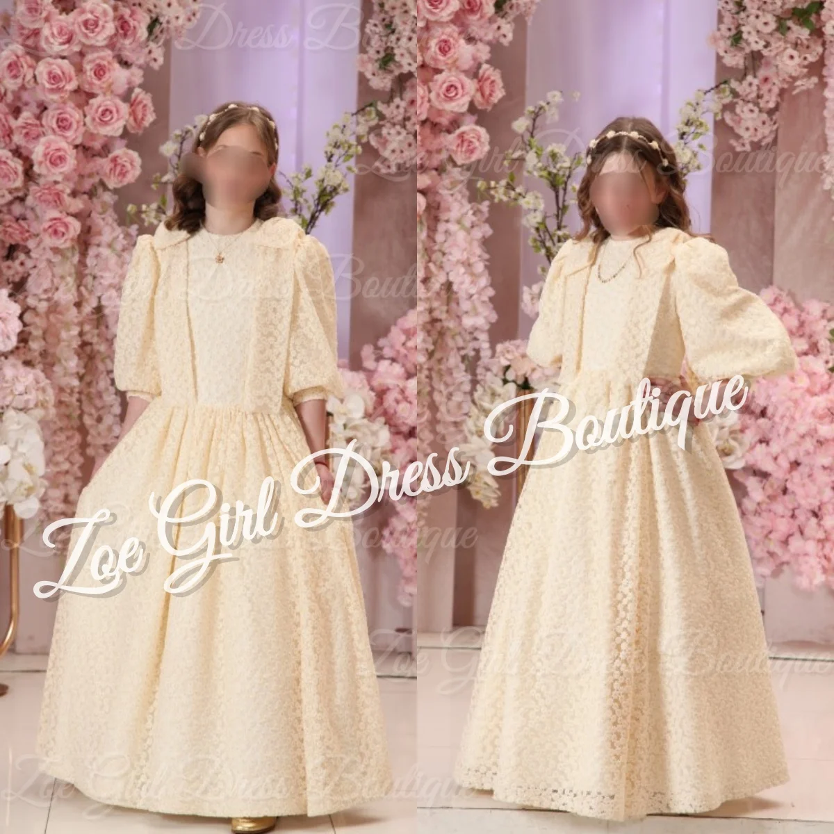 

Half Sleeves Flower Girl Dresses for Wedding Milk Lace Floor Length Ball Gowns Baby Girl Birthday Ball Gowns Customized
