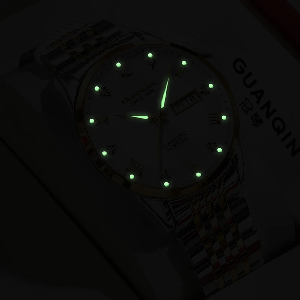 GUANQIN Waterproof Luminous Watch Double Calendar Wear-resistant Stainless Steel Strap Trends Men Automatic Mechanical Watches