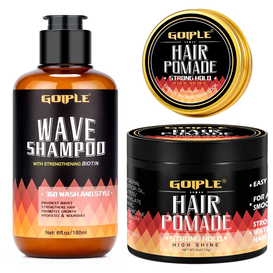 GOIPLE 180ml Szampon do Falowania Głęboko Oczyszczający lub 113g Pomada do Włosów 360 Style High Shine Mocny Efekt Utrwalający Kontrola Warstw Włosów Krem-Wosk do Falowania dla Mężczyzn