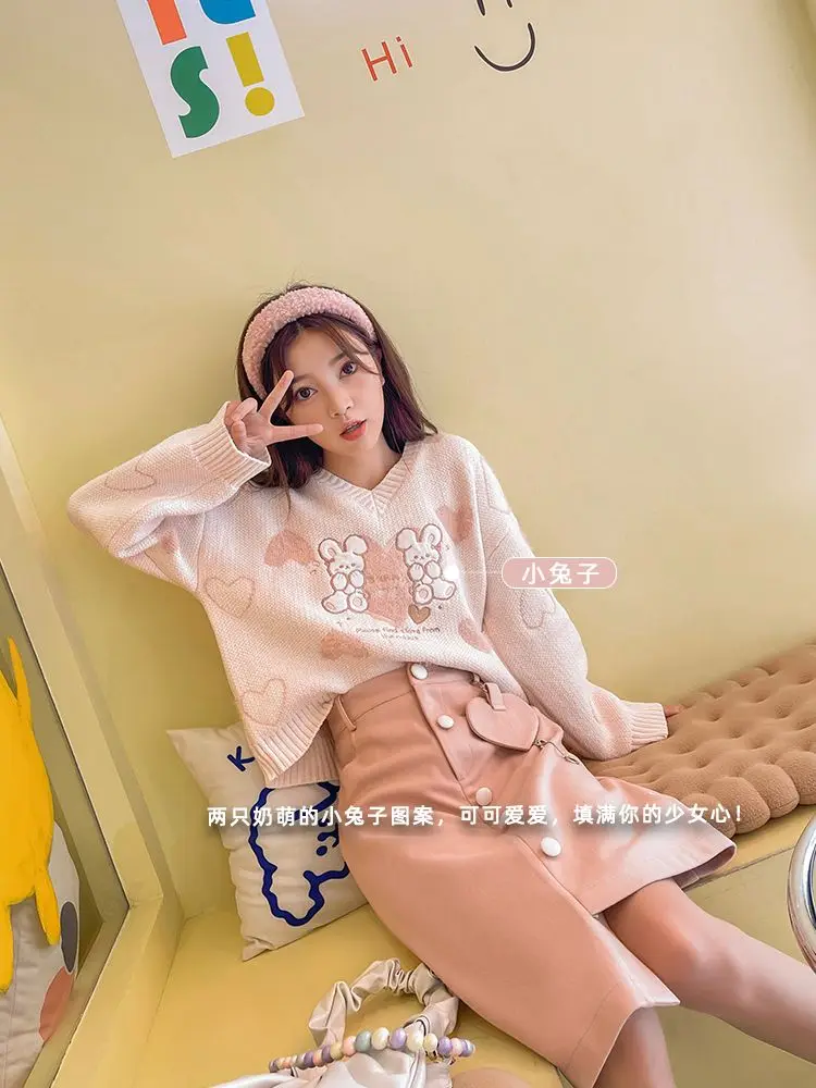 Harajuku Y2k Cute Rabbit Embroidery V-neck Knitted Women Sweater Preppy Style Jumper Top Sweet Pullover Sueter Mujer 2000S Tops