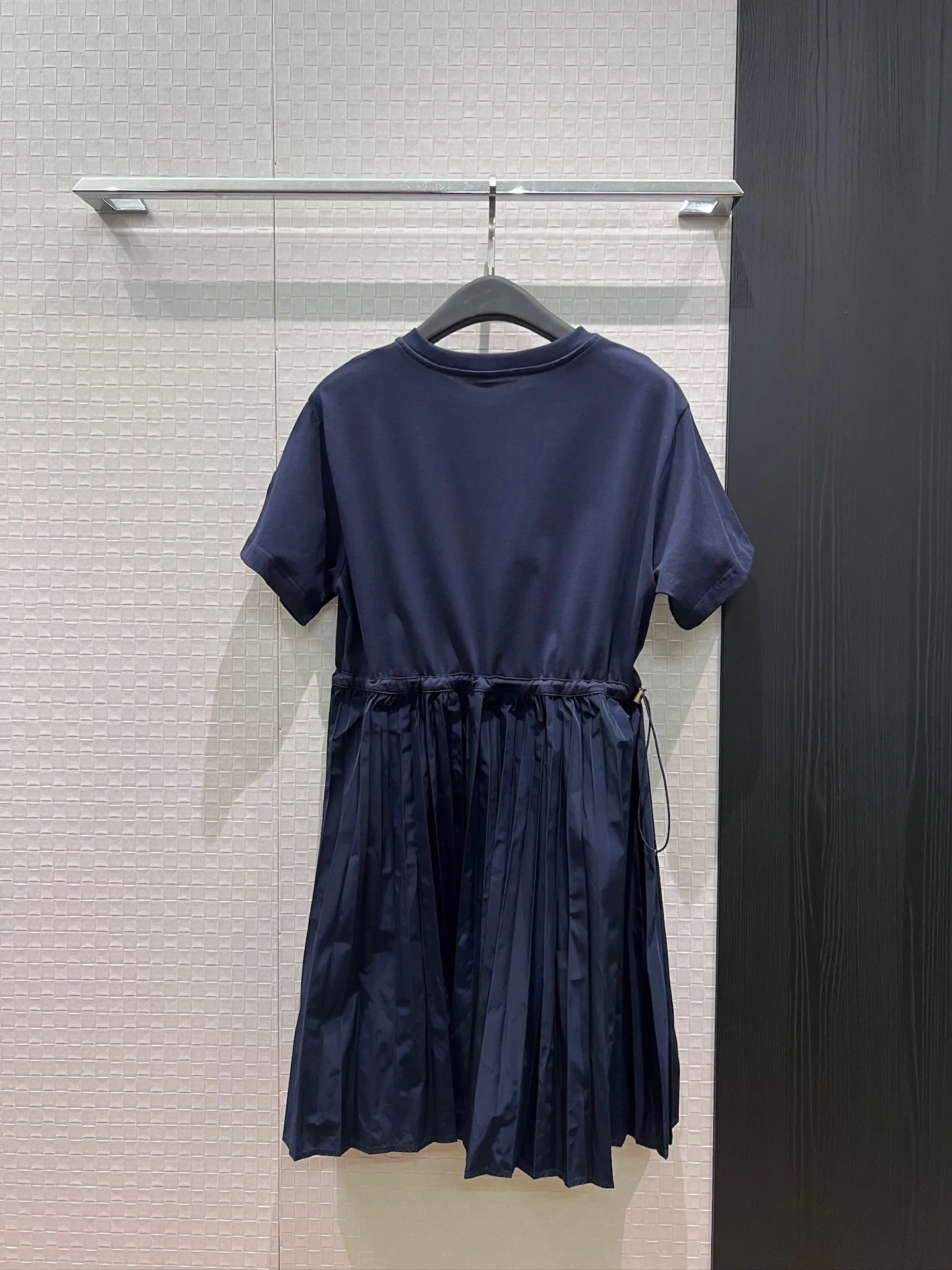 2026 Summer Splicing Design Drawstring Waist Round Neck Short Sleeve pleated Dress