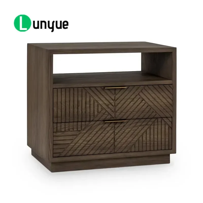 Mid Century Modern Wooden Bedside Table with 2 Drawers and Open Shelf Brass Handle Nightstand Storage Locker for Bedroom