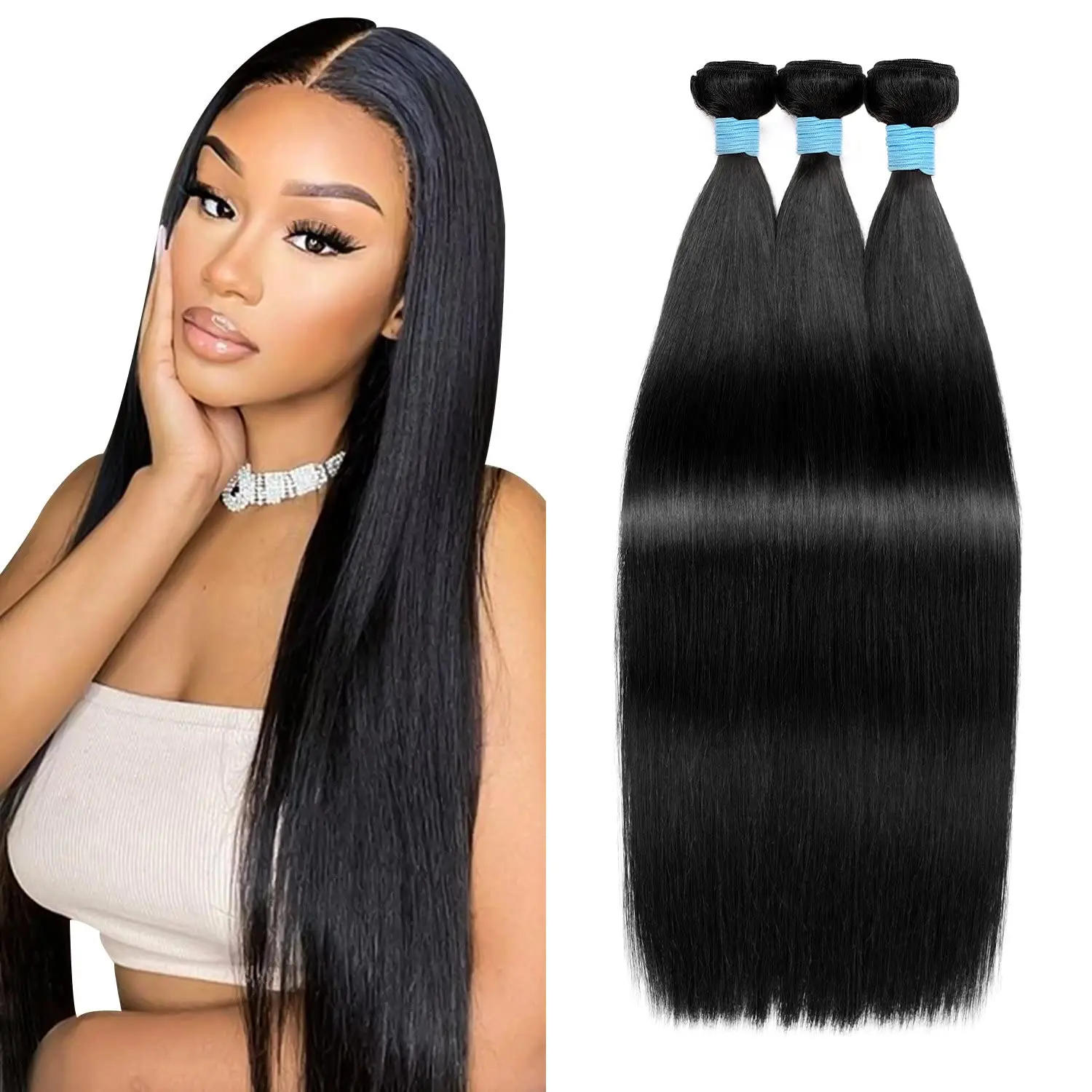 STRAIGHT Human Hair Bundles บราซิล Virgin Human Hair STRAIGHT 20 20 20 นิ้วผม Remy ผมสานคู่เรา