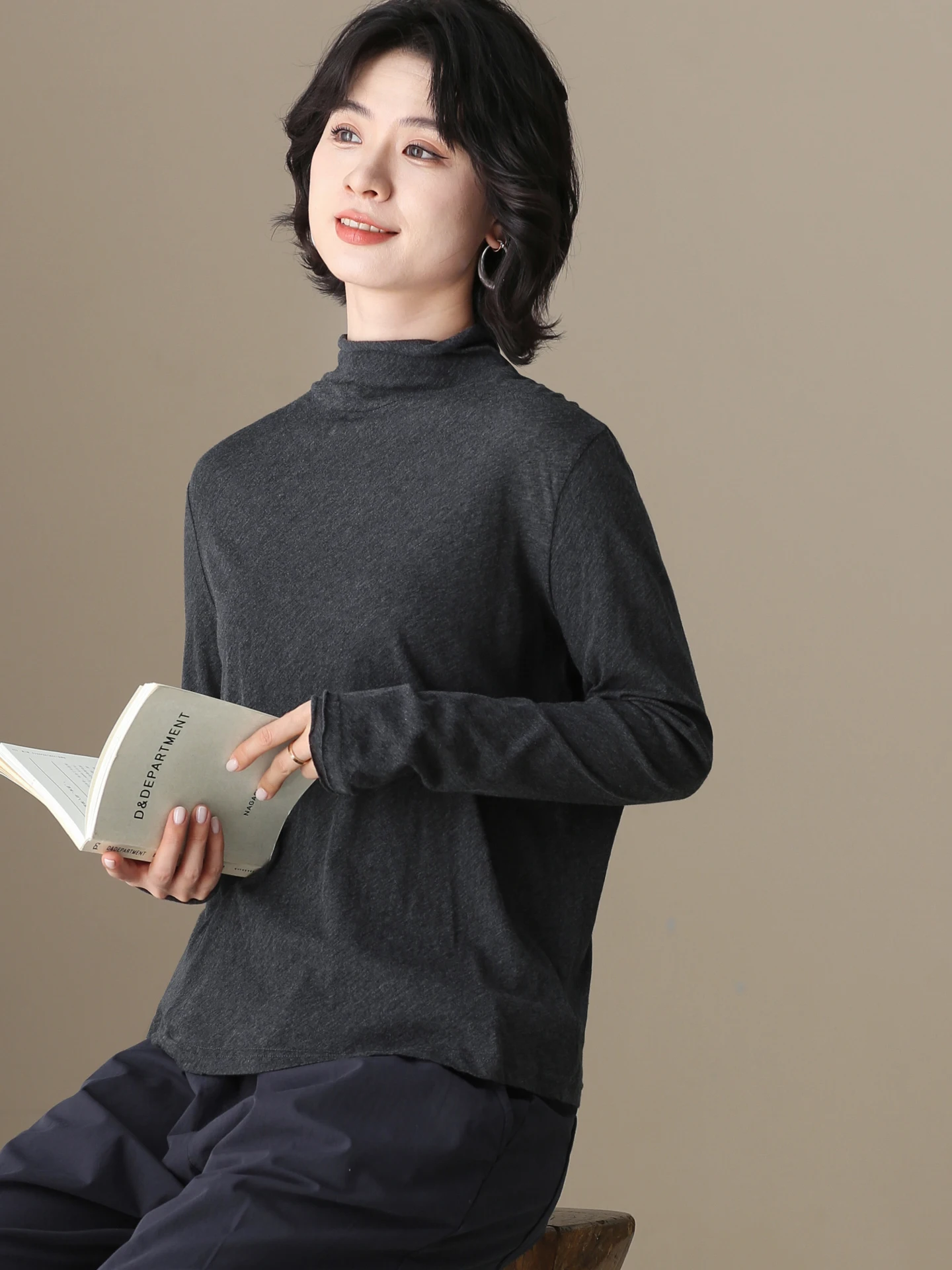 

Artsy Warm Long Sve Color Base irt Women's Inner Wear T-irt Stand Fit Cotton Wool Blend Autumn Winter New