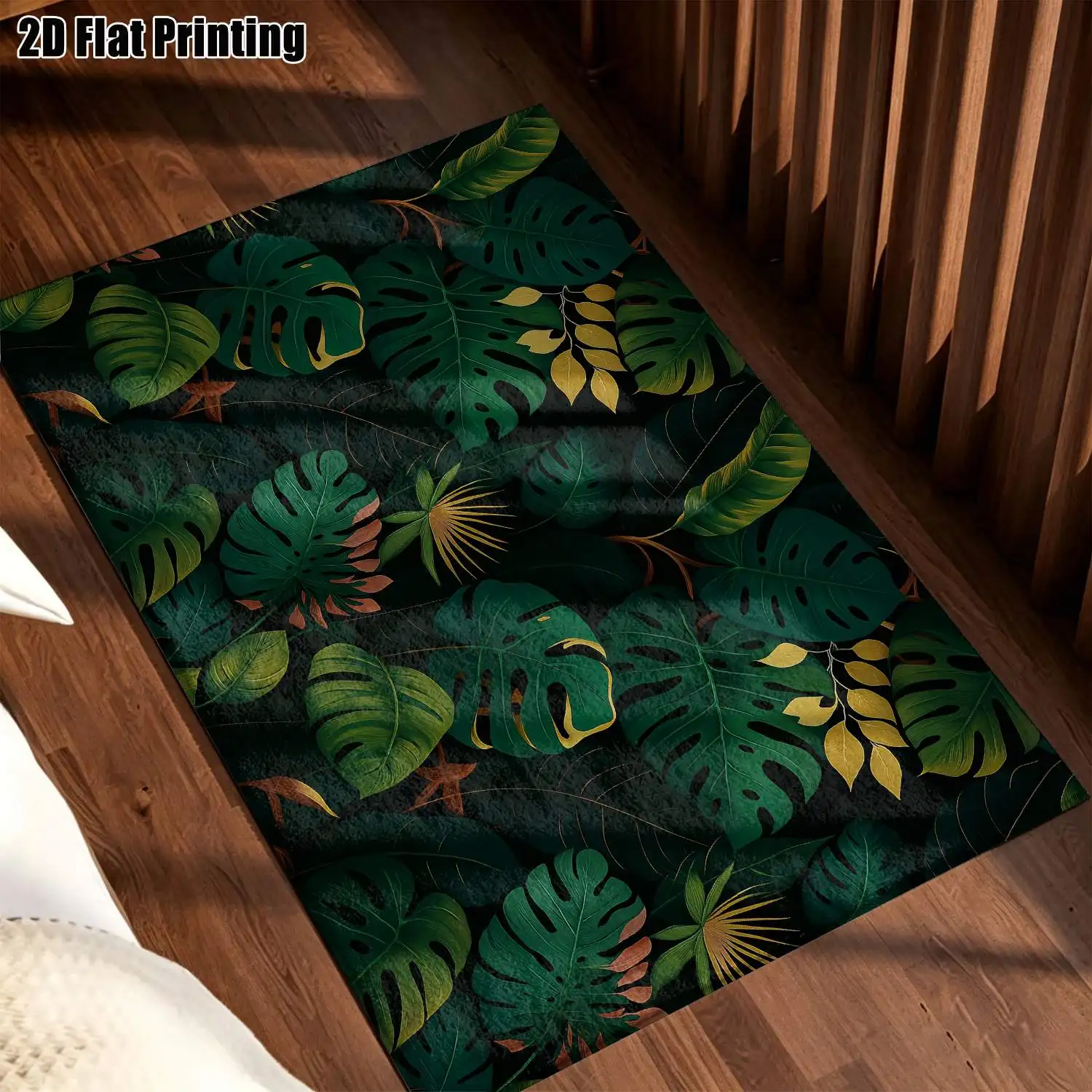 1Pc 2D Printed Deep Green Tropical Plant Leaf Carpet Instagram-Style Boho Vintage Nordic Floor Mat, Home Decor, Multi-Size, Machine Washable, Suitable for Entrance, Dining, Foyer, Bedroom, Living Room.