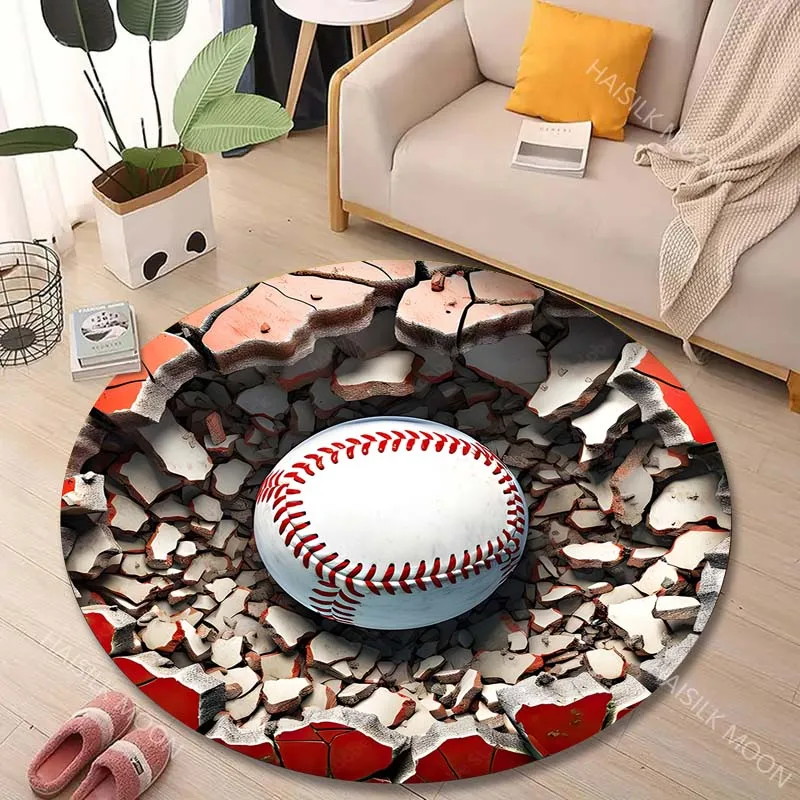 3D visuals of baseball breaking through a wall Round Carpet for Living Room Bedroom Sofa Table Floor Mat Area Rug Luxury Gift