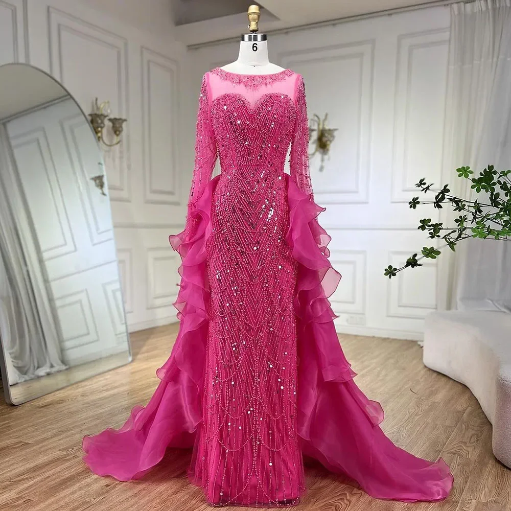 Serene Hill Fuchsia Mermaid Evening Dress Beaded Floor-Length