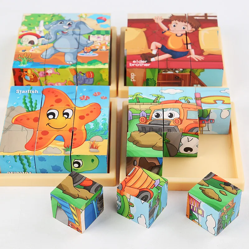 3D Cube Wooden Puzzle Children's Nine Pieces Six-sided Wooden Block Tray Children Montessori learning Educational Puzzle Toys