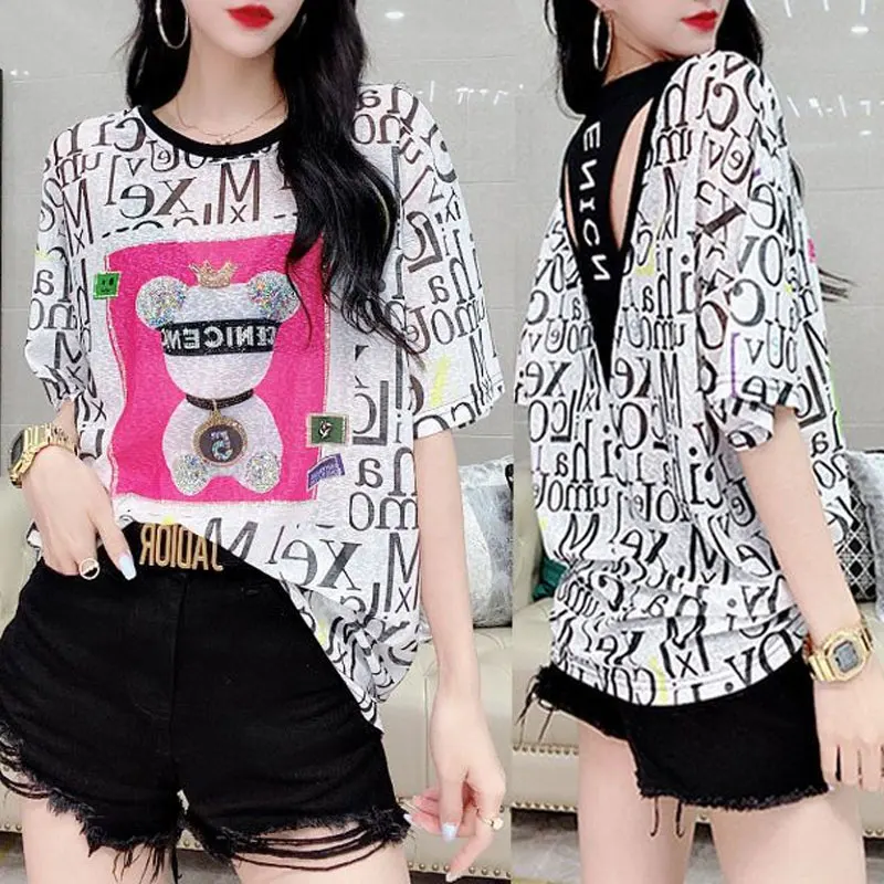 Summer Thin Streetwear T-shirt Fashion Letter Cartoon Printed Female Clothing Loose Backless Patchwork Chic Diamonds Pullovers