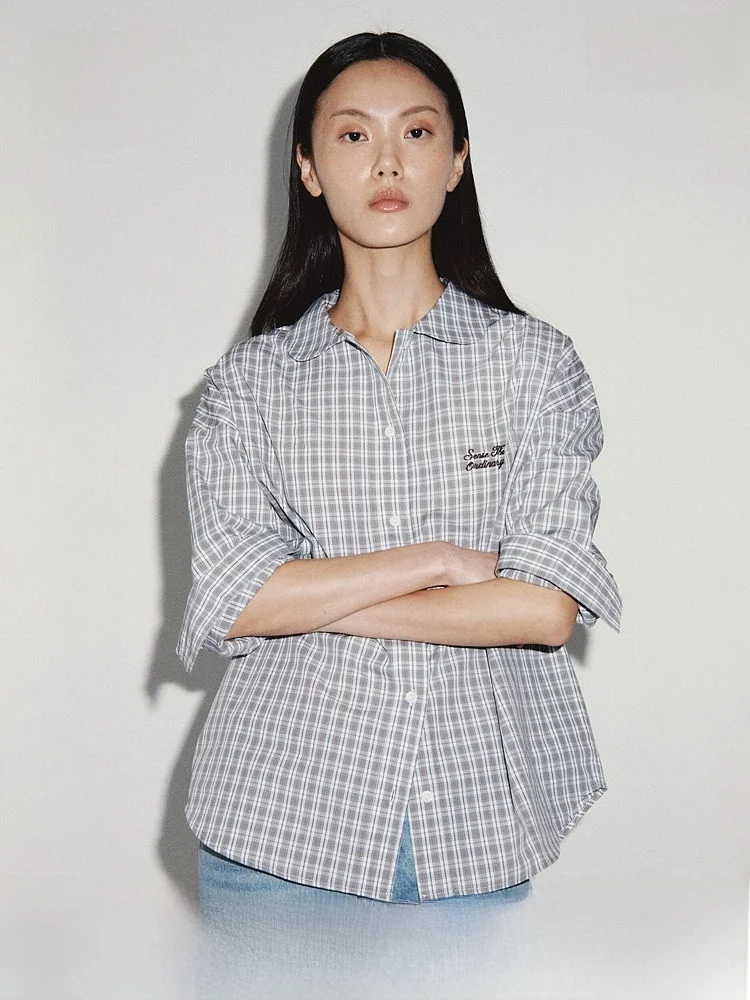 

H&M Women's Cotton Poplin Shirt Summer Checkered Elegant Slim Fit Button up Casual Style Long Sleeve round Collar Office Wear