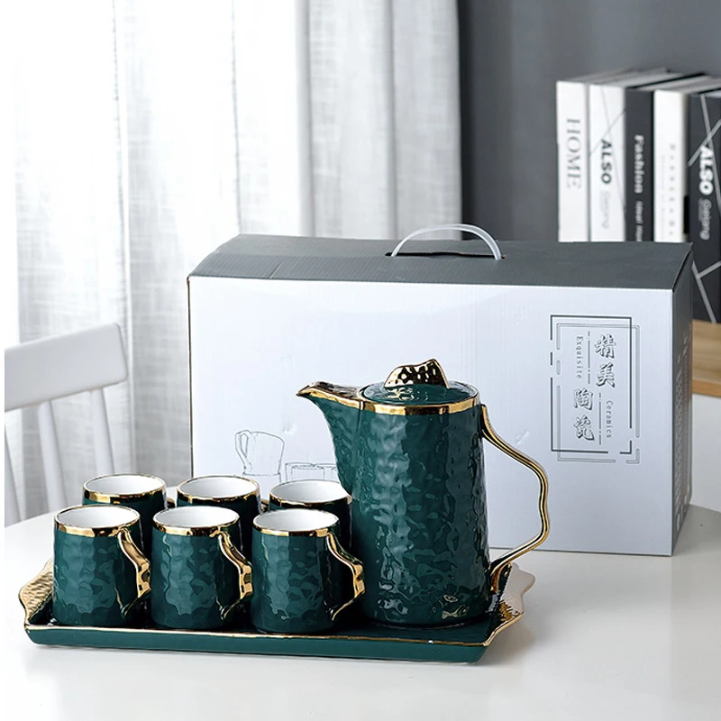 

European luxury ceramic coffee cup set 6 pieces and 1 piece teapot gift box set mug milk tea coffee green drink 380ml