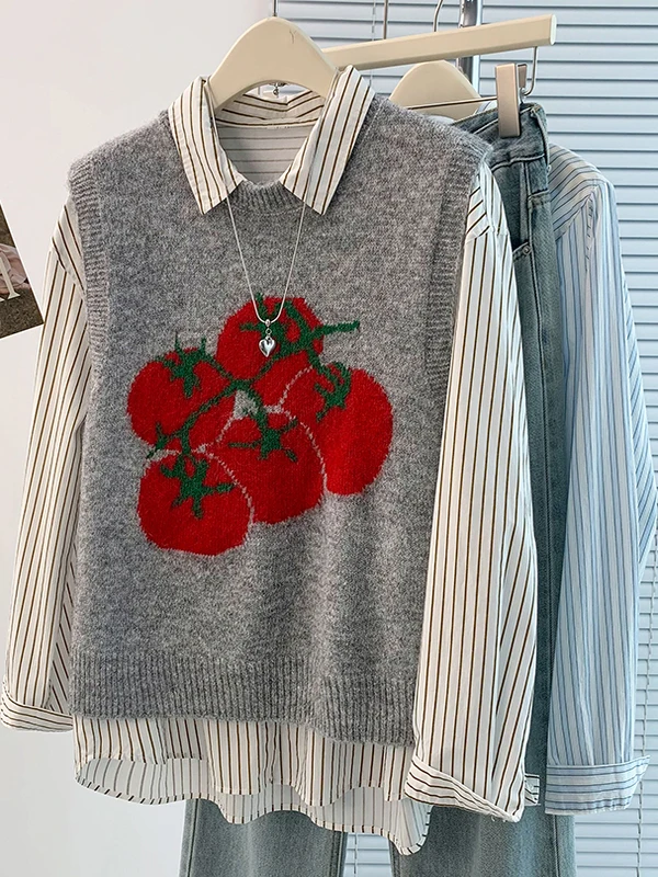 Moda agel preguiçoso sle versátil floral bordado svel com capuz colete superior feminino solto ajuste camisola de malha outono 2025