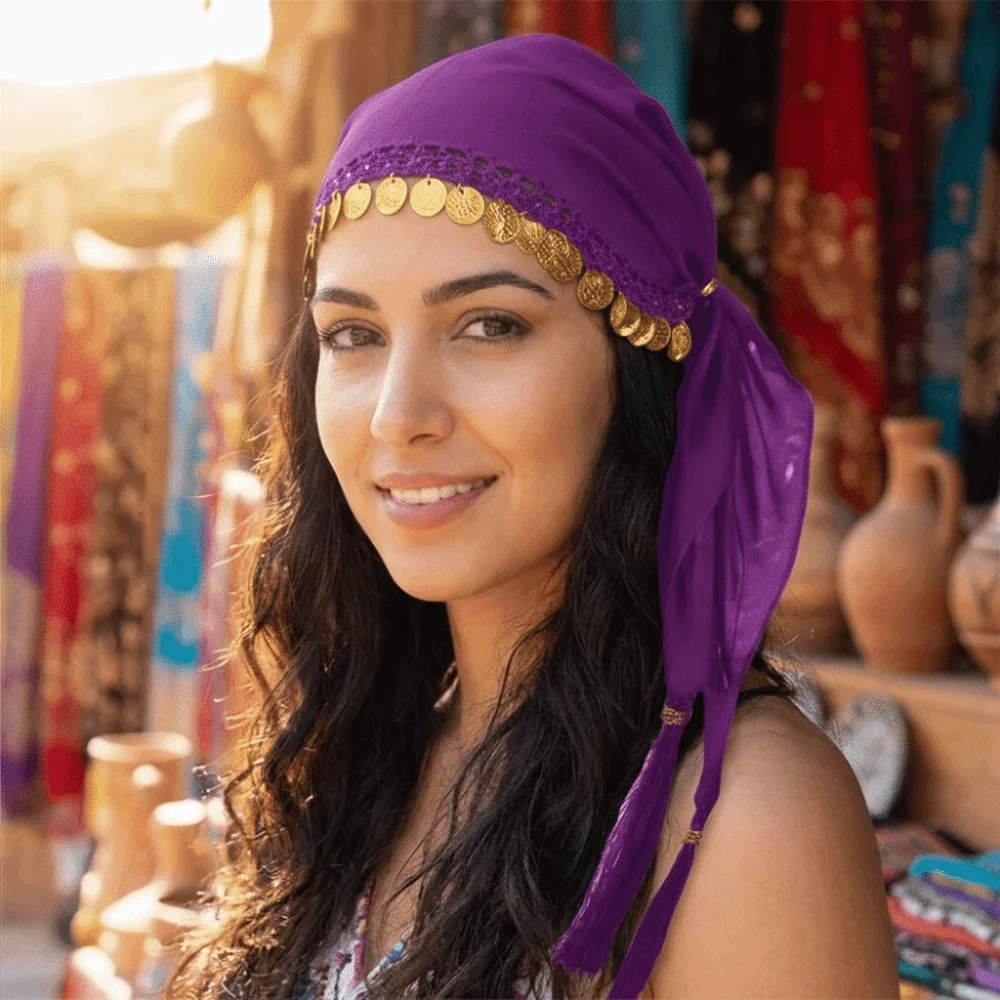 Fashion Pretty Belly Dance Accessories Crochet Traditional Coin Headscarf Veil Ethnic Pattern Dance Costume Headwear Folk Dance