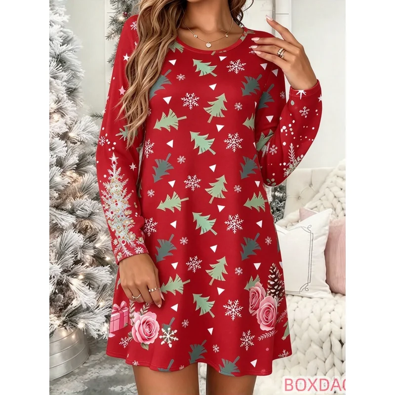 Ladies' long sleeved round neck casual loose A-line mini dress 3D Christmas element printed Christmas party dress Vestidos