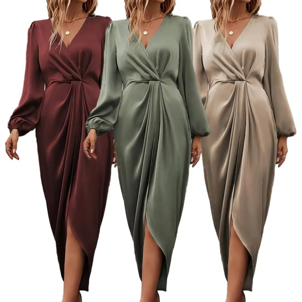 

Lantern Sleeve Satin Evening Dresses Crossneck Pleated Split Dress Exquisite High Quality Prom Party Gowns for Women Customized