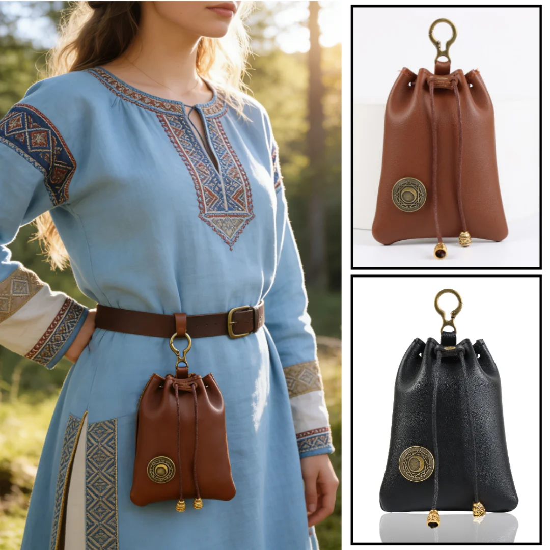 Medieval Faux Leather Retro Waist Bag Hangable Drawstring Outdoor Belt Bag Cosplay Props Coin Purs