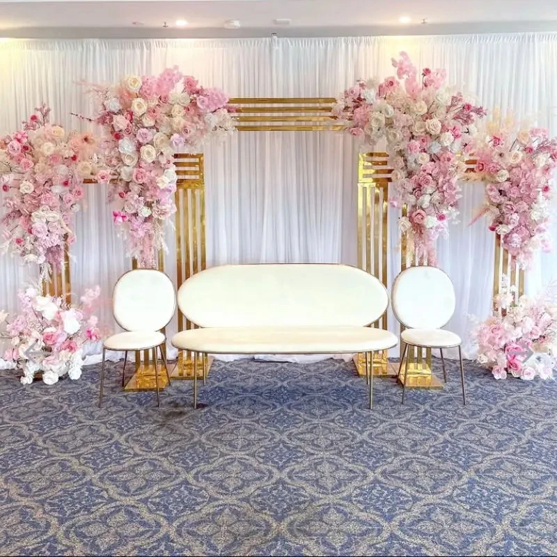 

Shiny Gold-Plated Square Screen Backdrop Shelf, Wedding Arch, Geometric Flower, Door Stand, Artificial Flor, 2.2m, 3Pcs