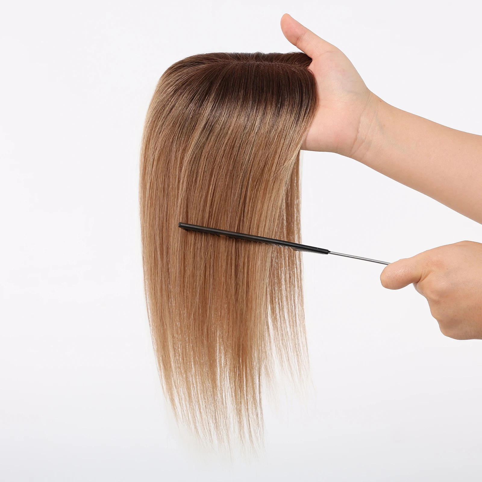 Topper de Cabelo Humano 100% Remy Ombre Castanho de 12 Polegadas com Base de Renda 4x5 Polegadas para Mulheres com Cabelo Ralo e Parte Central