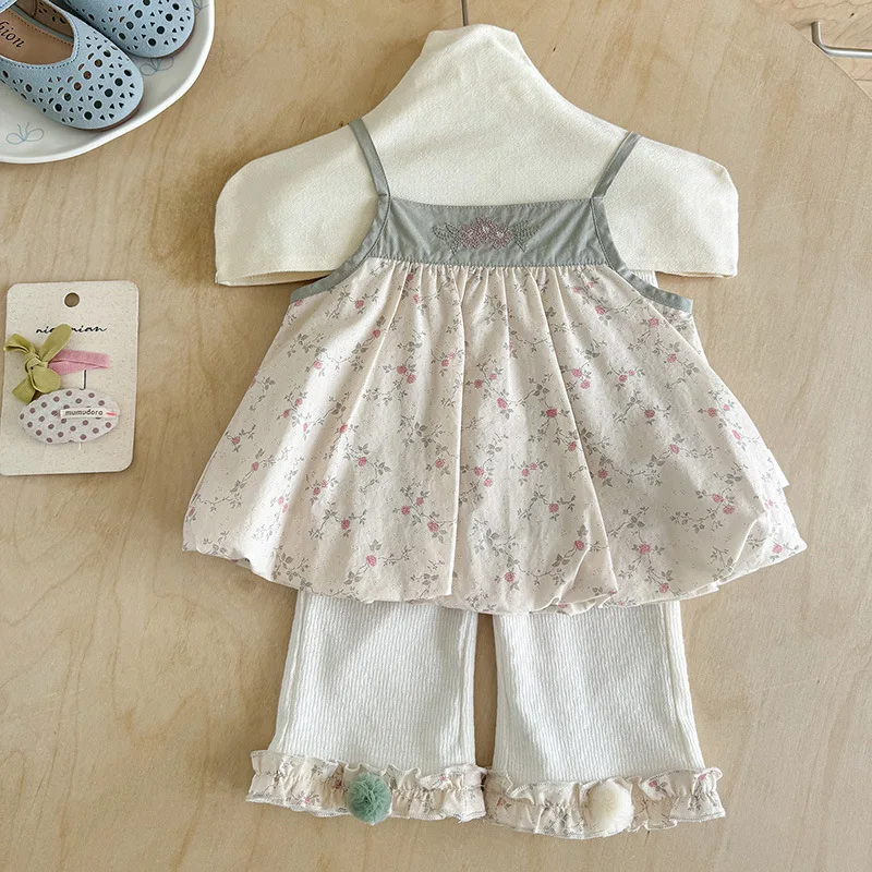 2026 Summer Infant Baby Girls 2 Piece Outfits Floral Print Spaghetti Strap Top & Thin Long Pants Set
