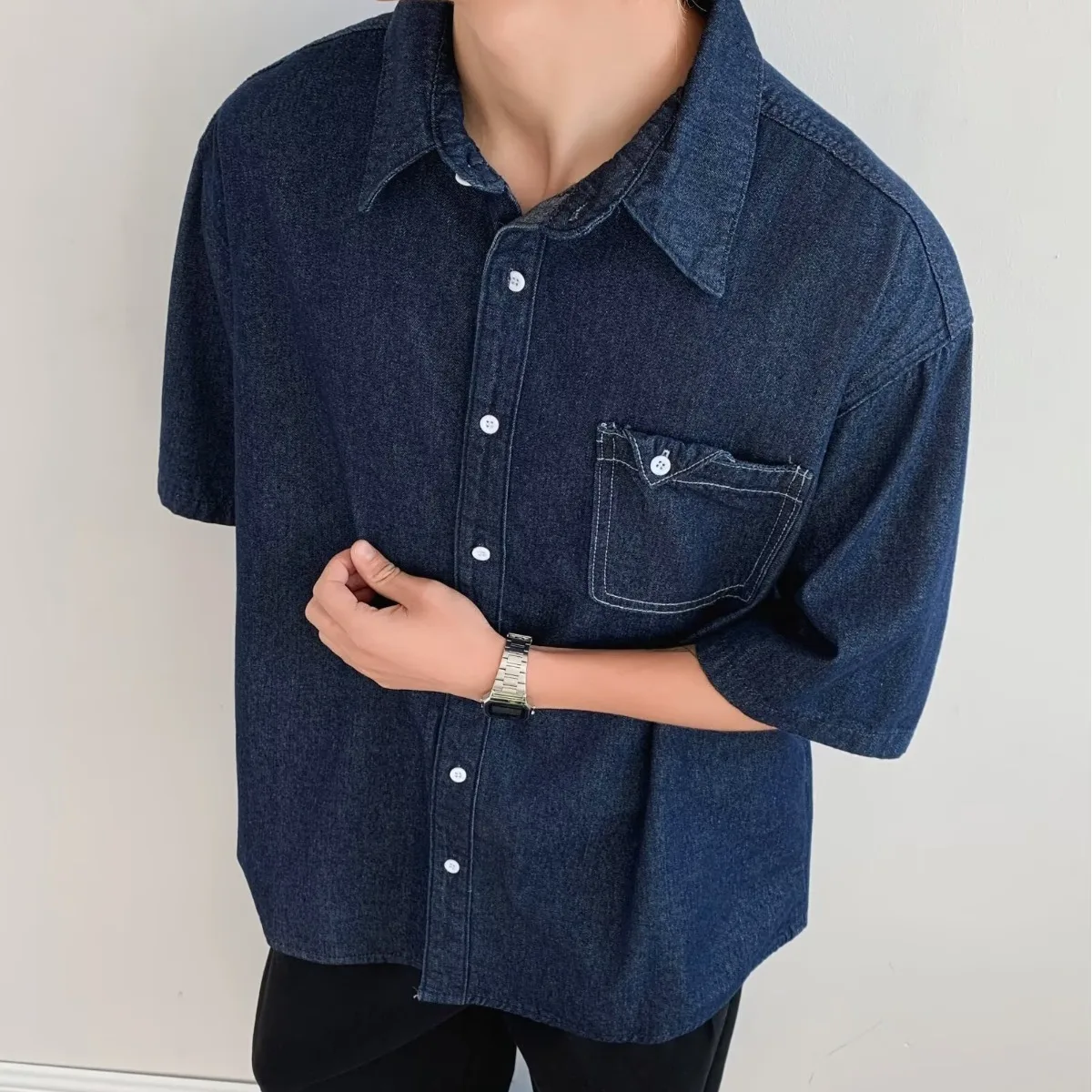 

Dark Blue Denim Shirt Men and Women Japanese Vintage City Boy Oversized Loose Casual Summer Lapel Buttons Shirt Top