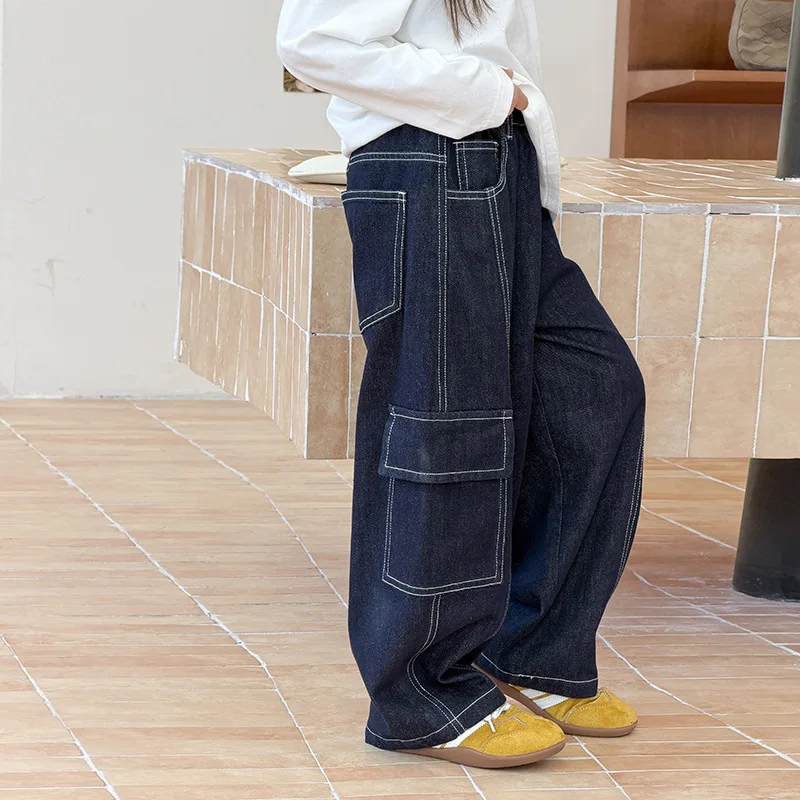 Children's Japanese Loose Casual Pants Korean Contrasting Color Bright Line Three-dimensional Pocket Workwear Jeans 3