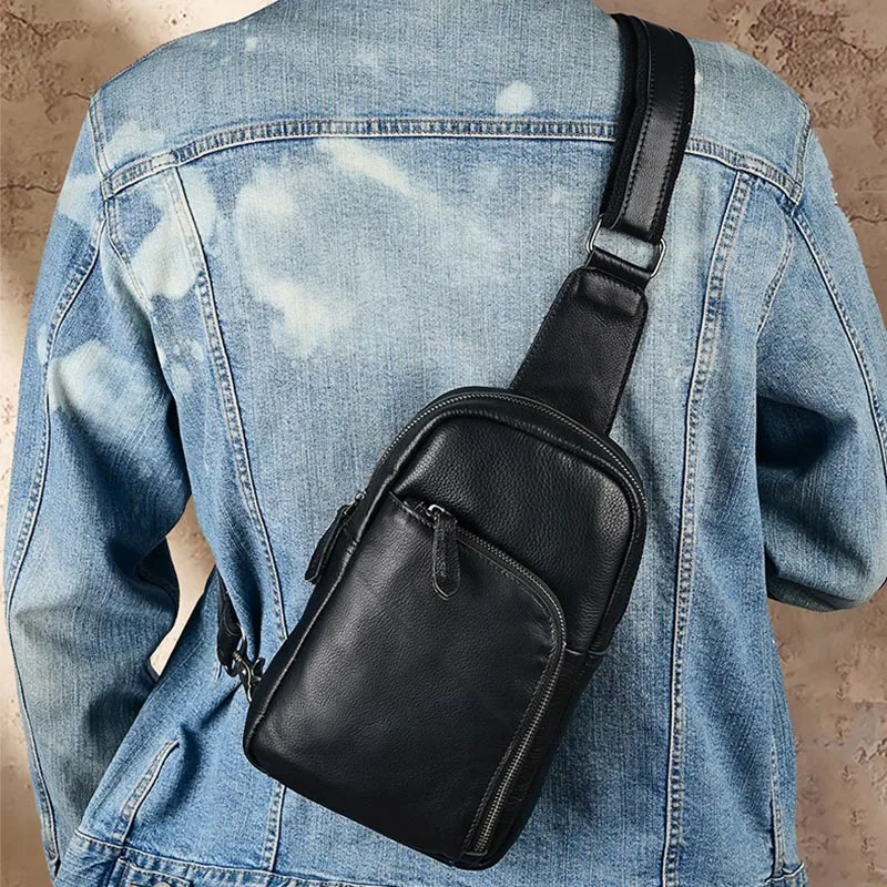 Black Genuine Leather Single Shoulder Chest Bag with Adjustable Strap and Multiple Zipper Pockets Casual Cowhide Bags for Men