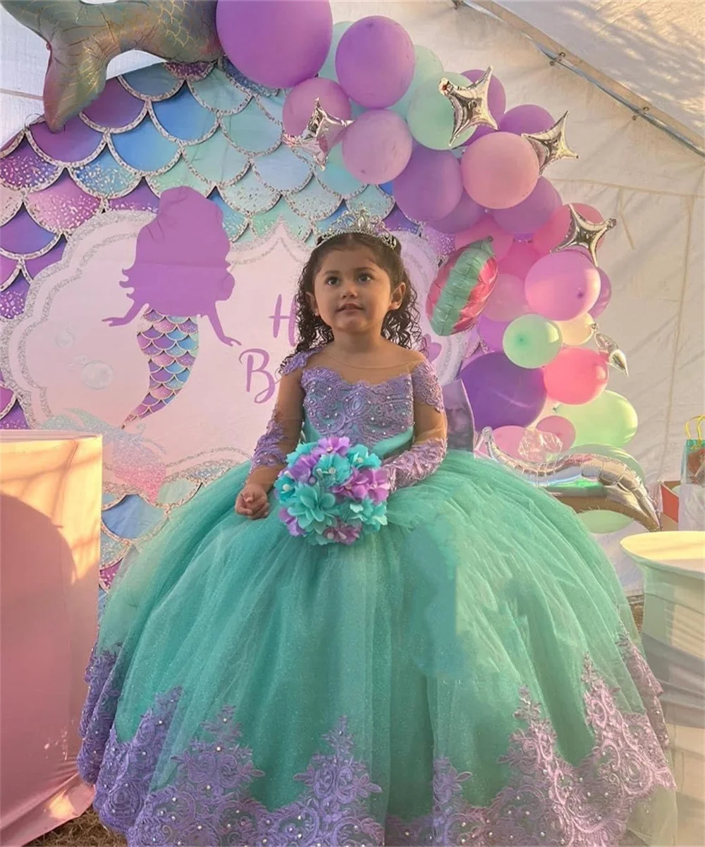 Bonitos vestidos de flores con apliques de lavanda para niña, tul esponjoso con lazo, desfile de cumpleaños, primera comunión, banquete de boda, desfile de belleza