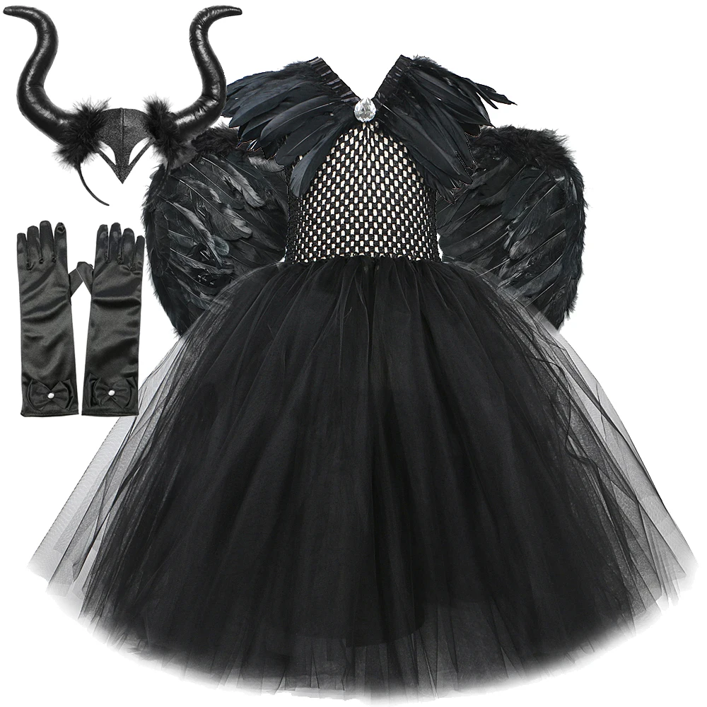 Costumi maleficenti di Halloween per ragazze bambini diavolo strega abito lungo Tutu con ali di piume di corno bambino Evil Queen vestito Cosplay