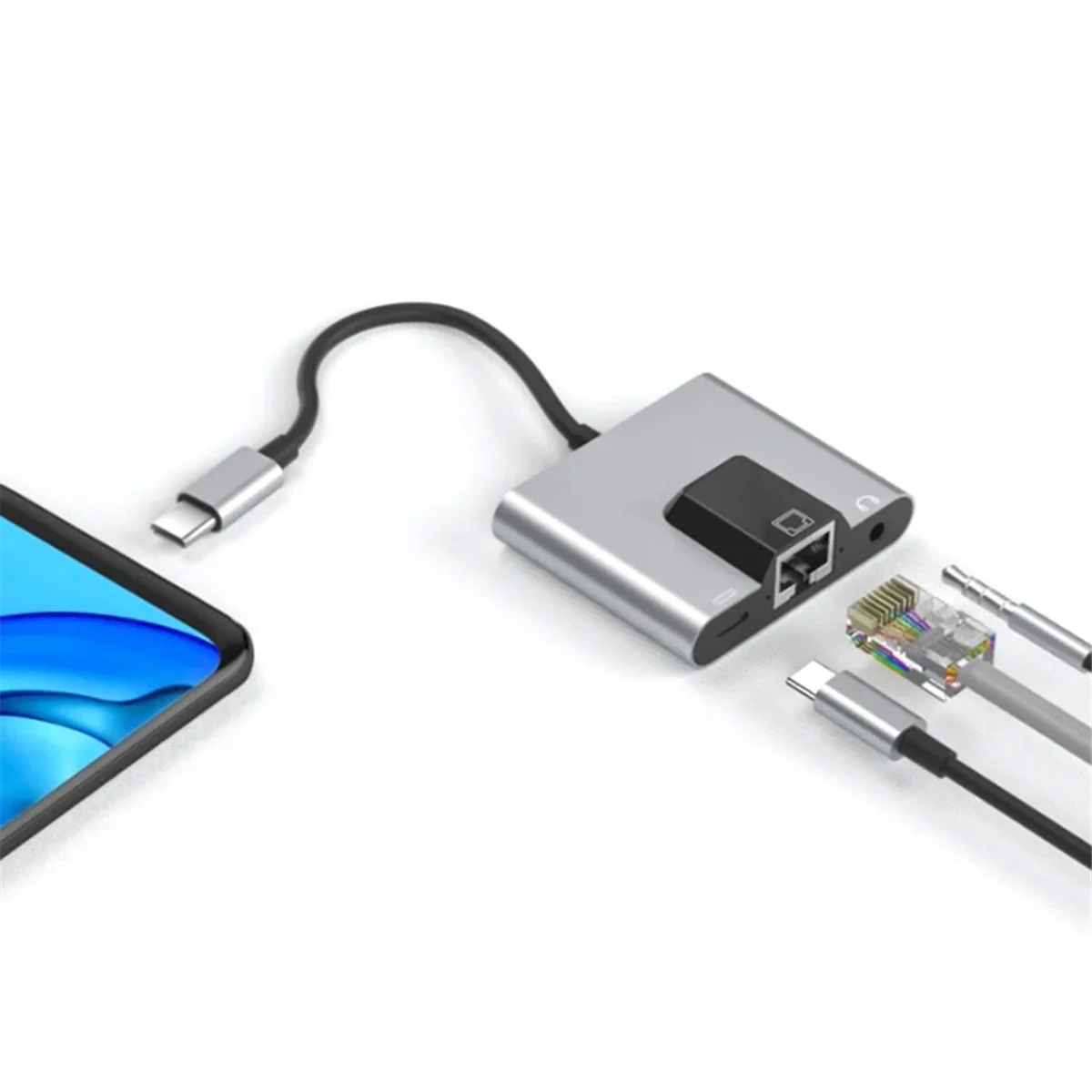 노트북 휴대폰용 C타입-이더넷 LAN 네트워크 어댑터 허브, USB C-3.5mm 오디오 PD 고속 충전 도킹 스테이션