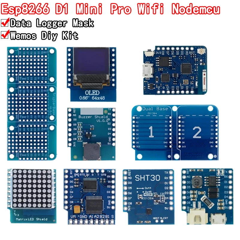 %Esp8266 D1 Mini Pro Wi-Fi Nodemcu Data Logger Shield Ds1307 Батарея 0,66 Oled DC Power Buzzer V1.0.0 Dual Base для Wemos Diy Kit