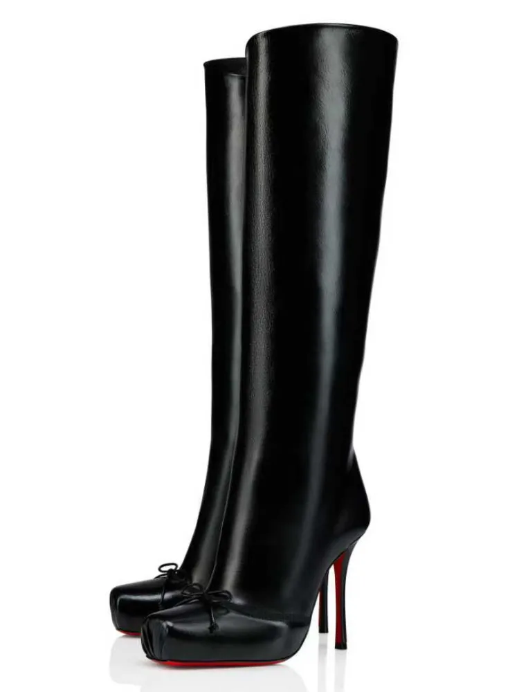 

Women's Autumn and Winter Fashionable Black High-heeled Knee High Boots with Square Toe and Side Zipper, Women's Midsole Boots