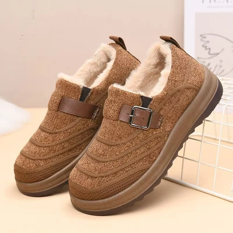 

Women Winter New Shallow Thicken Elderly Cotton Shoe Thick Sole Non Slip Round Toe Slip On Plush Keep Warm Flat Sole Cotton Shoe