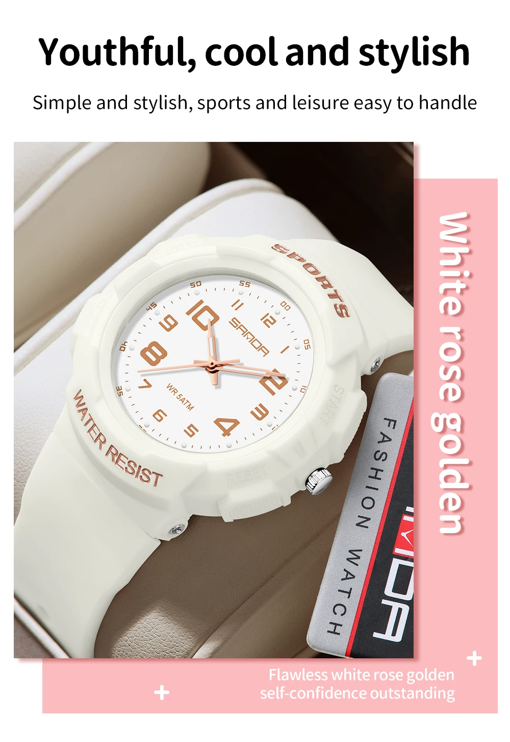 Sanda 9074 Trendy Design Soft Student Watch TPU Strap 50M Depth Waterproof Quartz Movement Children Fashion Sports Wrist Watch