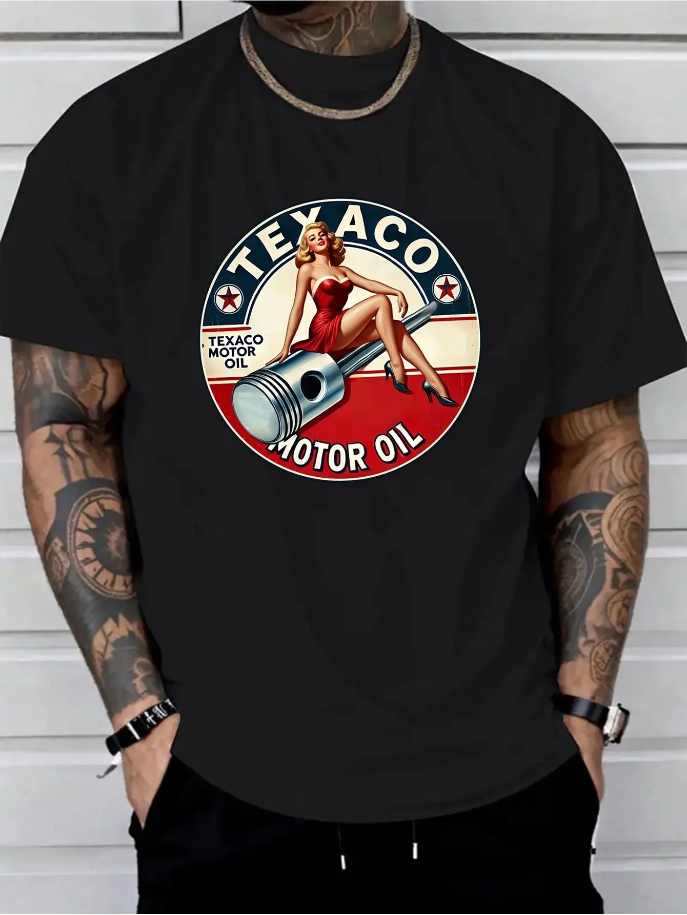 

Мужская винтажная футболка с рисунком Texaco Motor Oil — ретро-дизайн Americana, дышащая повседневная футболка с короткими рукавами и круглым вырезом для лета