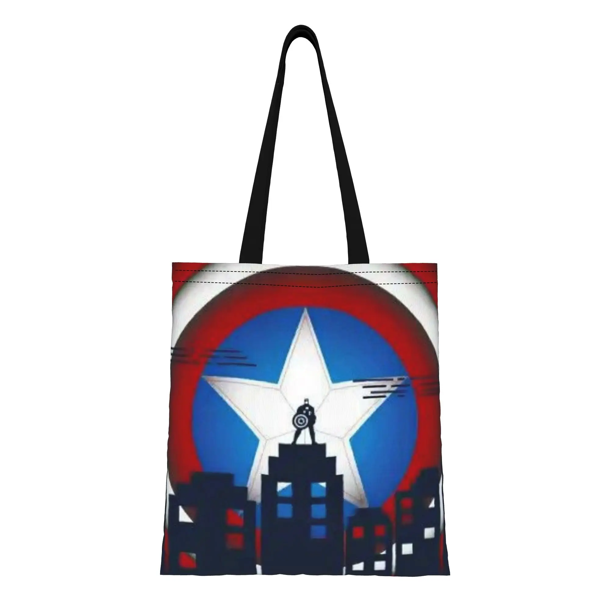 

Captain America and City Silhouette Marvel Canvas Tote Bag Perfect for Grocery Women's Top-Handle Bags
