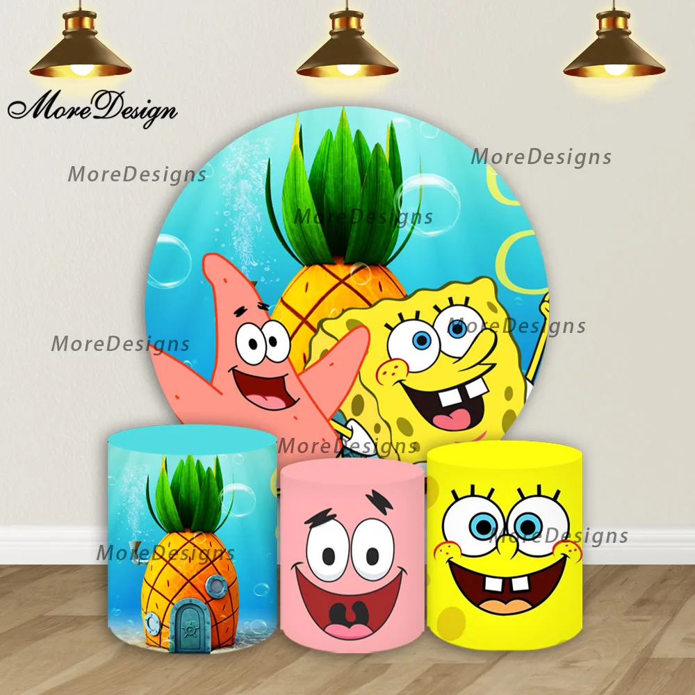 Spongebob Ronde Covers Kids Verjaardag Foto Achtergrond Cilinder Covers Baby Shower Stof Fotografie Achtergrond