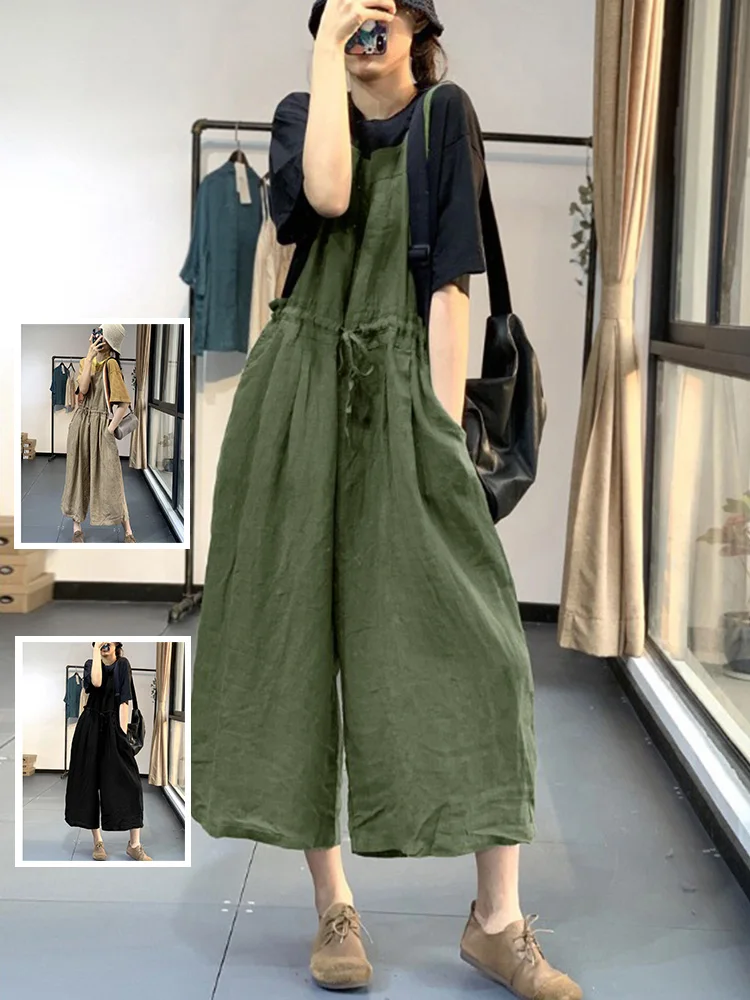 

Антивозрастные цветные накидки на талию из хлопка и льна, широкие брюки, повседневные женские комбинезоны больших размеров