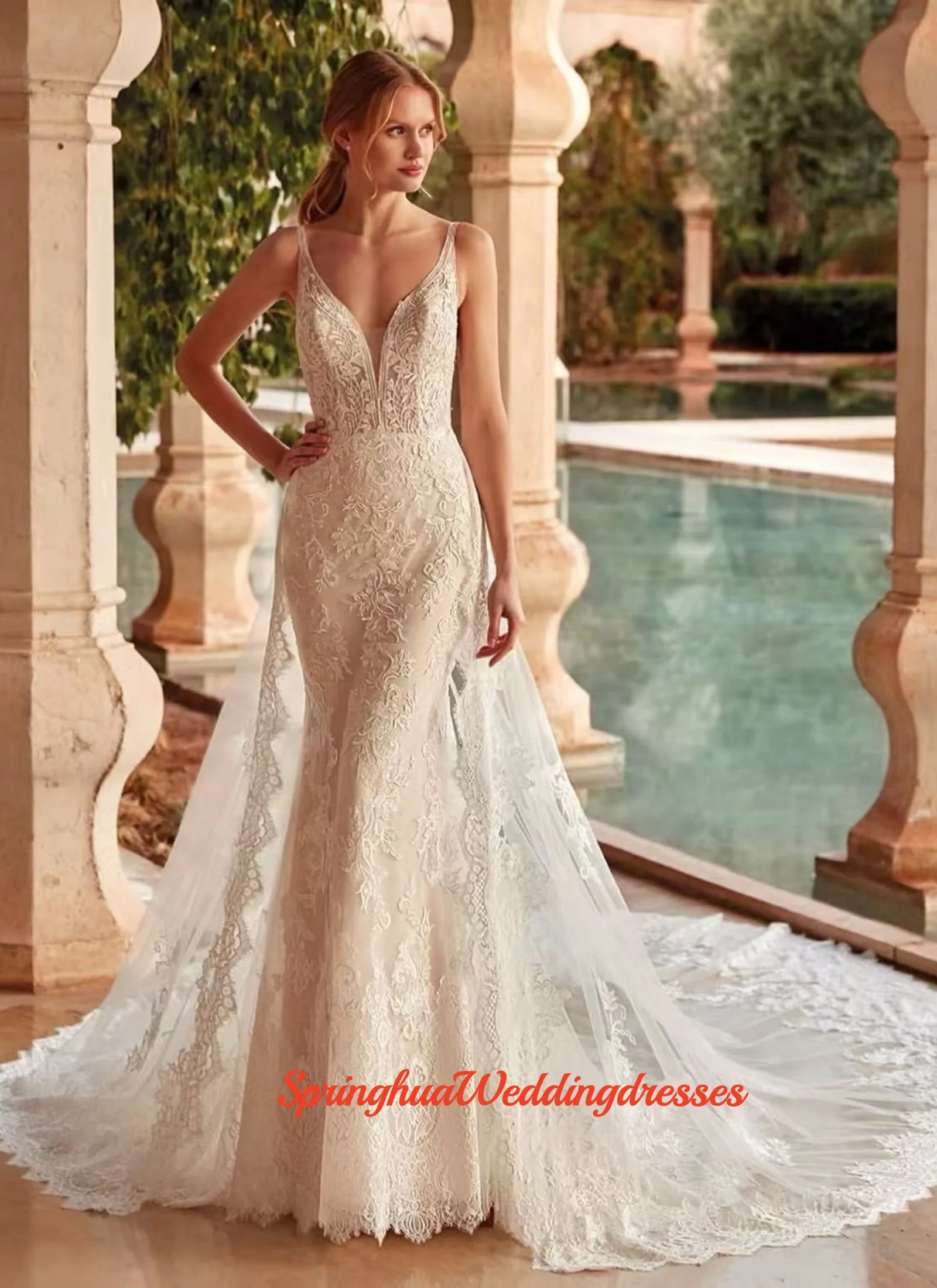 

Индивидуальные элегантные свадебные платья-русалки со съемной юбкой, на тонких бретелях, с V-образным вырезом, с пайетками и аппликациями, со шлейфом.