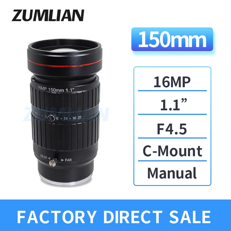 

Промышленные камеры с объективом 150 мм, 16 МП, 1,1-дюймовое C-крепление, машинное видение F4,5 с ручной диафрагмой, камеры видеонаблюдения с низким уровнем искажений