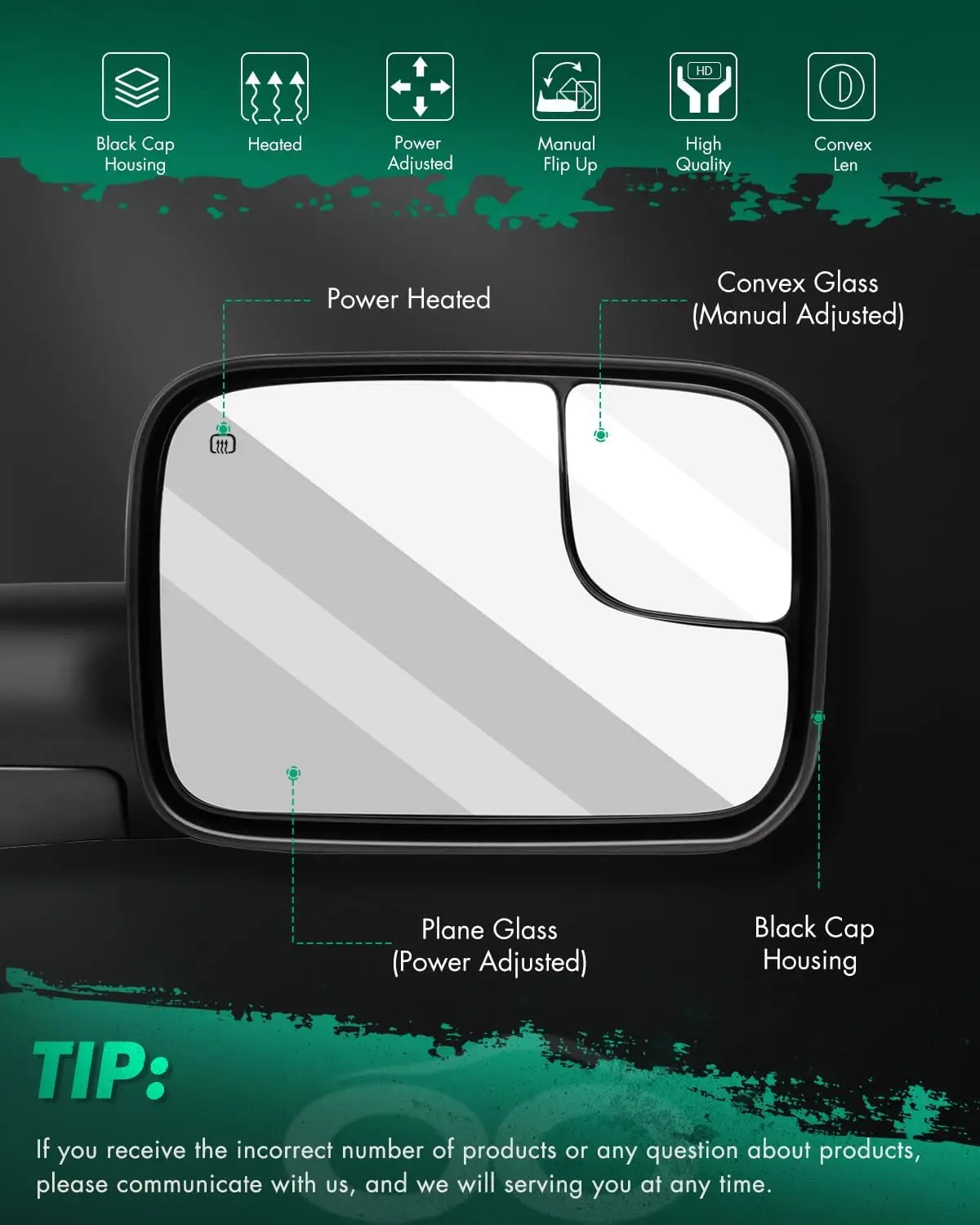 Towing Application, Plastic Material, Black Color, Telescoping and Blind Spot Features for Dodge Ram Exterior