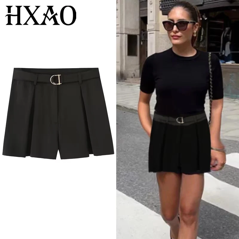 

HXAO Женские шорты Черные плиссированные шорты Женские летние шорты 202k с поясом Мешковатые шорты с высокой талией Модная уличная одежда Однотонные шорты 066